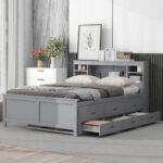 Full Size Platform Bed with Storage Headboard, USB, Twin Size Trundle